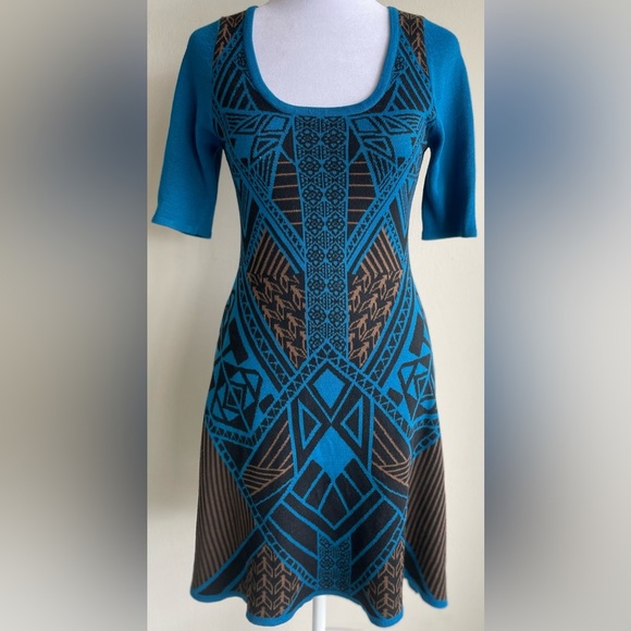 ANTHROPOLOGIE FLYING TOMATO KNIT PULLOVER DRESS, BROWN/TEAL/SZ M - Picture 3 of 10